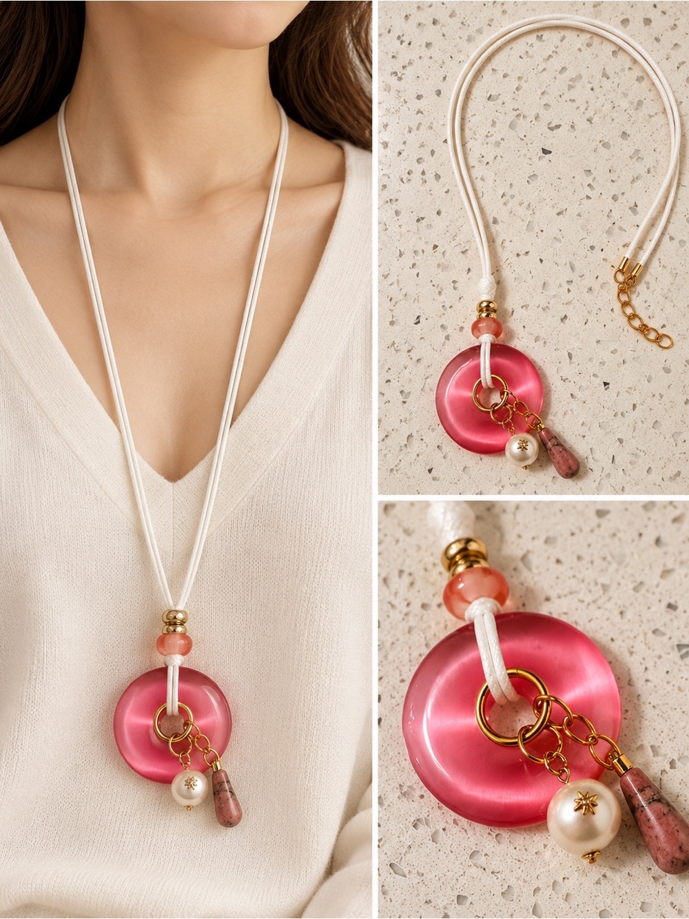 Elegant Pink Resin Pendant Necklace with Pearl and Gold Accents